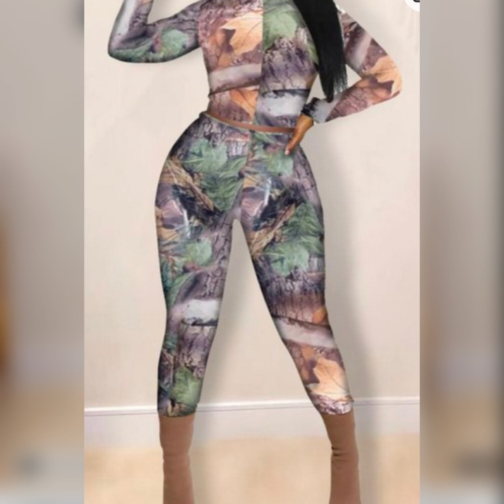 Gray & Green Printed Woods Patchwork Co Ord Crop Top and Pants Set
